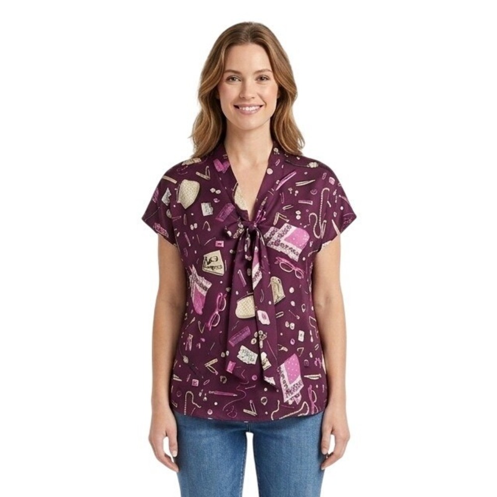 Talbots Silk Blouse Women's Size Petite Small PS‎ Plum Tie Top Purses Fashion